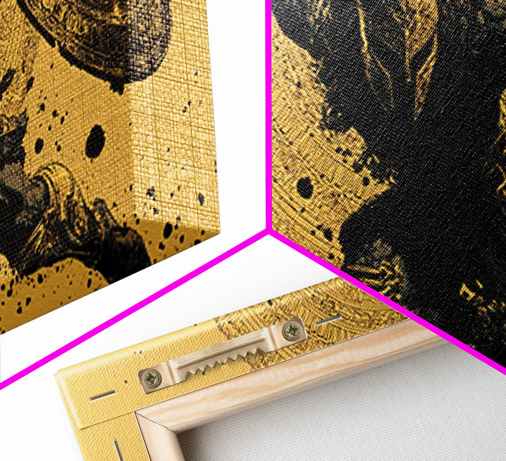 Gold Canvas Art of Spartan Soldier Leaping Forward with Spear and Shield, Decorative Armor and Mandala, Wood Framed Map Wall Décor