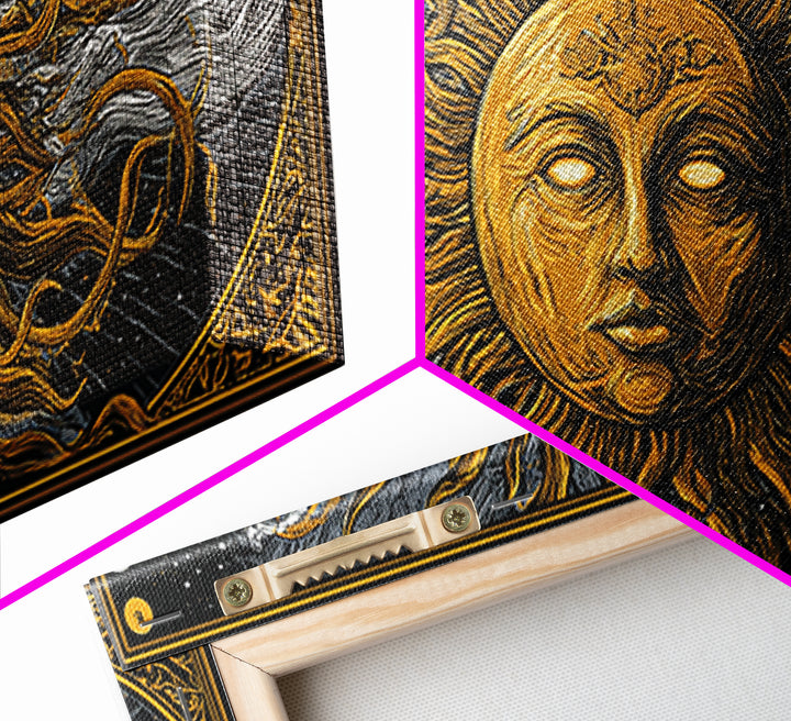 Gold Canvas Print of Sun Face with Flowing Hair and Ocean Waves, Detailed Mythological Design, Wood Framed Map Wall Décor