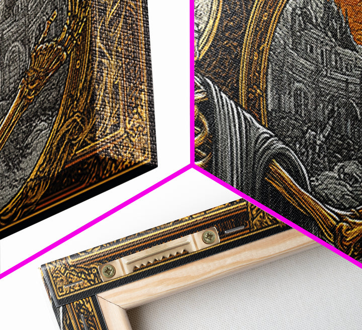 Skeleton Pointing to Ancient Arena Gold Canvas Art, Gothic Medieval Scene, Ornate Frame Design, Dark Fantasy Wall Decor