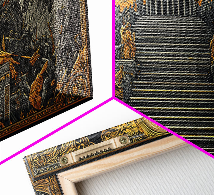 Mythic Battle at Temple Stairs Gold Canvas Art, Epic Fantasy Scene, Heroic Warriors and Gods, Dramatic Home Wall Decor