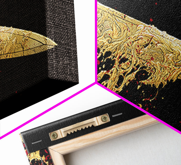 Golden Ornate Sword, Gold Canvas Print, Real Wood Frame, Dramatic Fantasy Weapon Art, Mythology Wall Decor