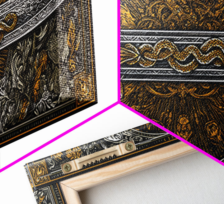 Intricate Sword with Serpent Design Gold Canvas Art, Fantasy Weapon Illustration, Ornate Blade Wall Decor for Collectors