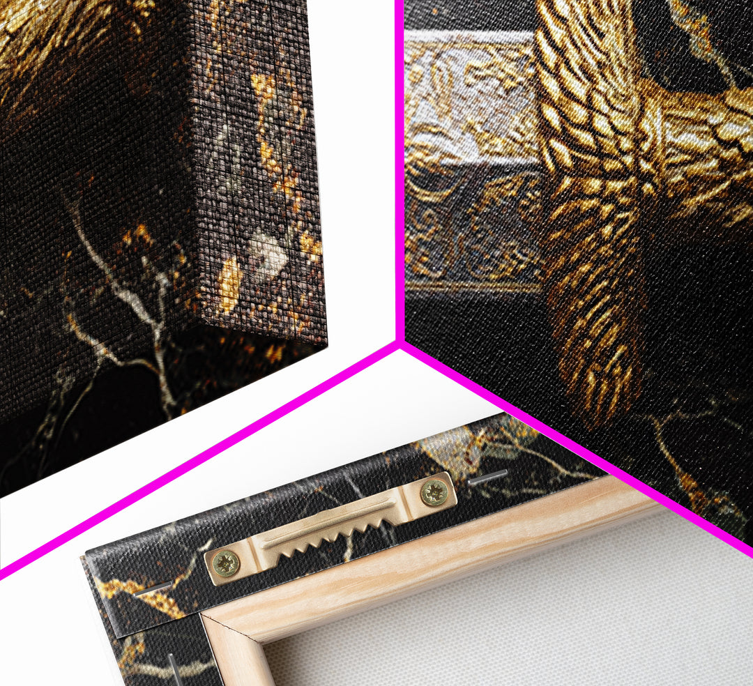 Golden Sword Hilt with Lion Design Gold Canvas Art, Ornate Weapon Photography, Luxurious Warrior Decor, Classical Battle Theme
