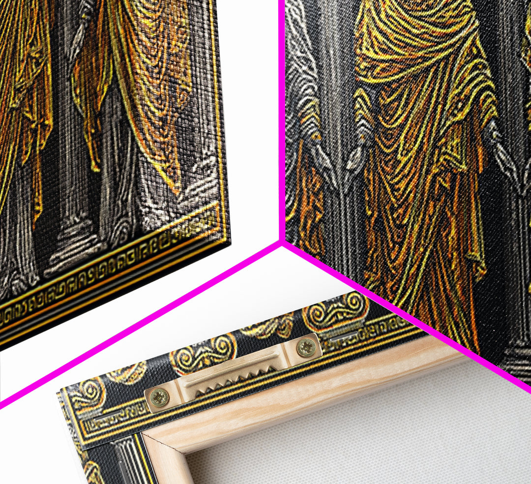 Ancient Greek Caryatid Columns, Detailed Architecture Wall Decor, Gold Canvas Print, Classical Sculpture Artwork