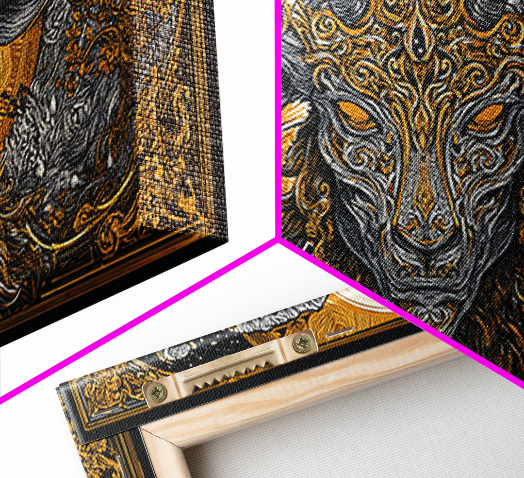 Mythical Goat Head Artwork, Intricate Horned Beast Design, Gold Canvas Art, Fantasy Wall Decor, Dark Gothic Illustration