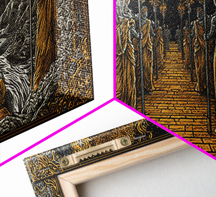 Greek Torchbearer Pathway Scene, Mythic Procession Illustration, Gold Canvas Art, Ancient Greece Wall Decor, Temple Artwork