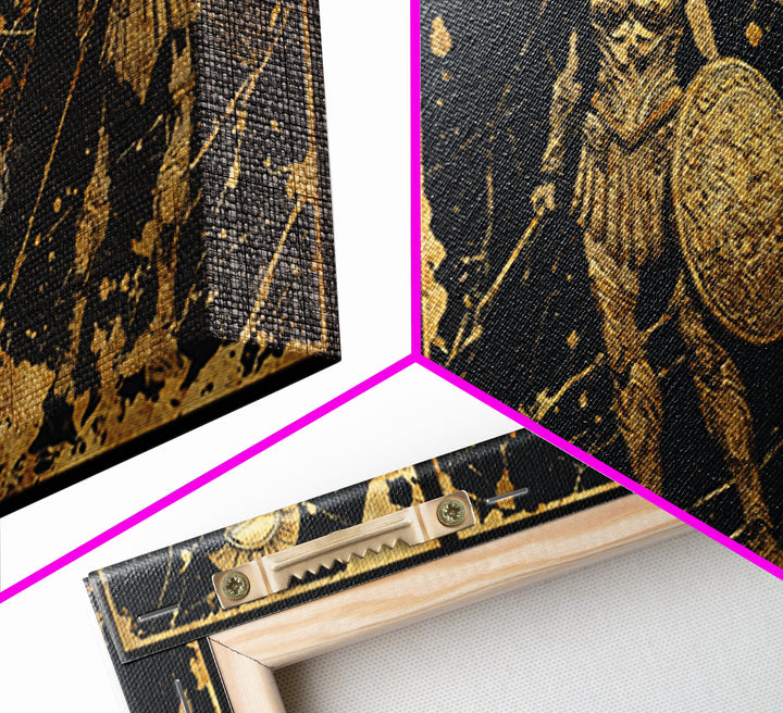 Greek Warrior Triptych Print, Spartan Female Soldiers Artwork, Gold Canvas Art, Ancient Greece Wall Decor, Mythic Battle Scene
