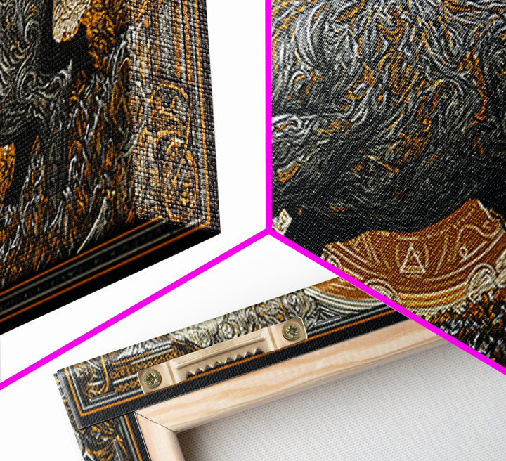 Golden Bull In Ornate Frame, Gold Canvas Art, Real Wood Frame, Symbolic Animal Wall Decor, Strength And Power