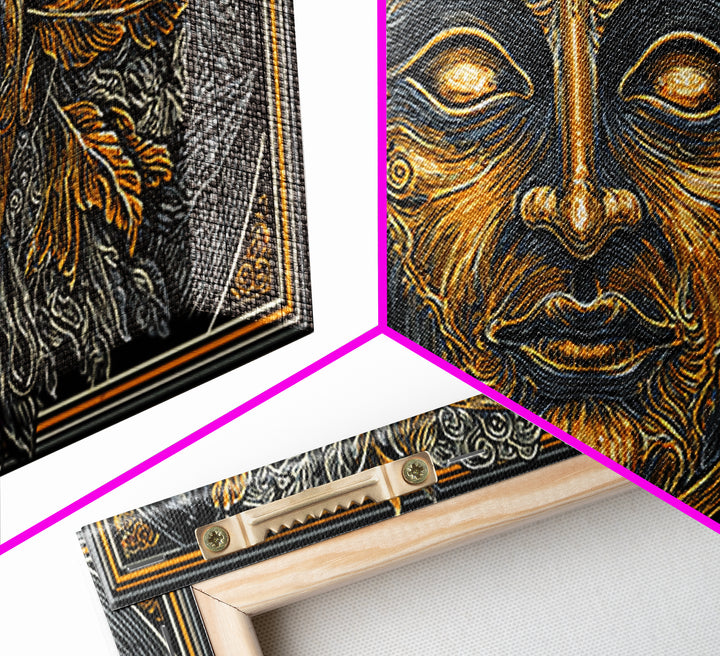 Mythic Sun God Face Artwork, Ornate Leaf And Feather Design, Gold Canvas Print, Ancient Greece Wall Decor, Celestial Art