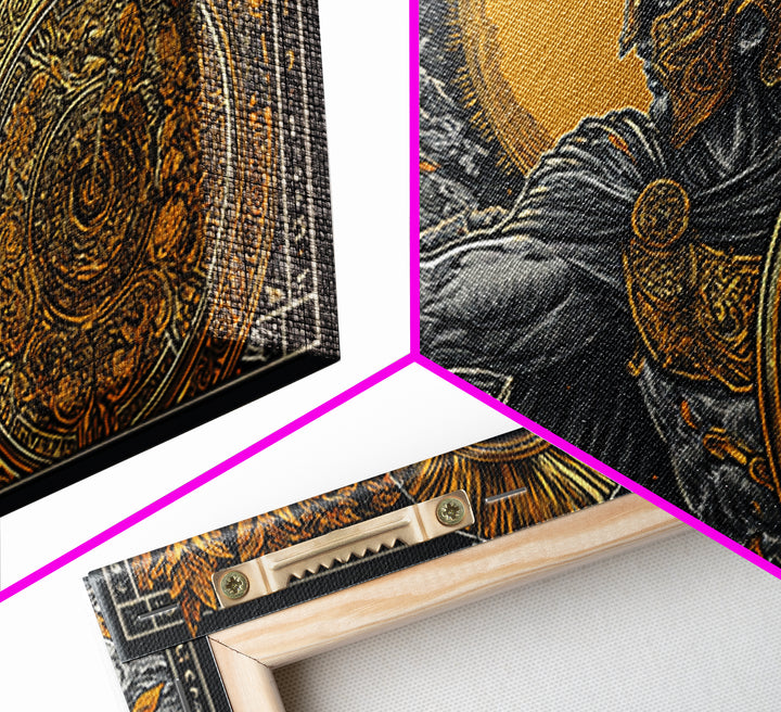 Ares Greek Warrior God With Spear And Shield, Gold Canvas Art, Heroic Mythological Wall Decor, Luxury Classical Home Accent