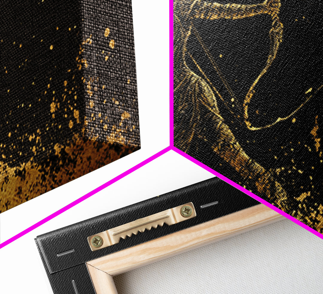 Gold Canvas Art Of Artemis Greek Goddess Archer, Black Background, Elegant Moon And Bow Design, Panoramic Mythology Wall Art