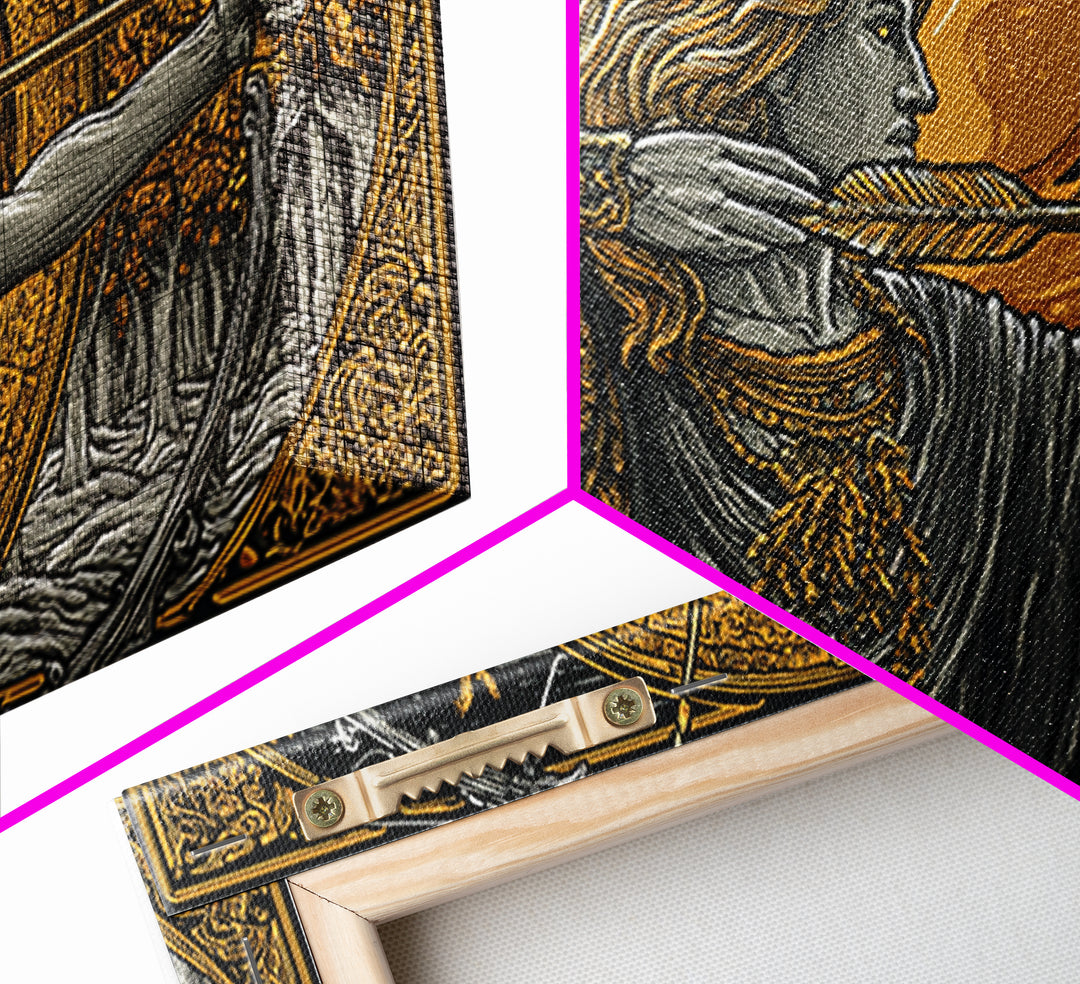 Gold Canvas Art Of Artemis Greek Goddess Archer, Classical Ornate Frame, Mythological Forest Scene, Panoramic Greek Wall Print