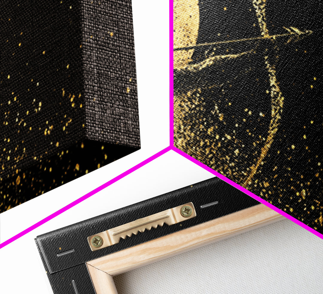 Gold Canvas Print Of Artemis Greek Goddess Archer, Full Moon Silhouette, Gold Splatter Effect, Panoramic Elegant Wall Art