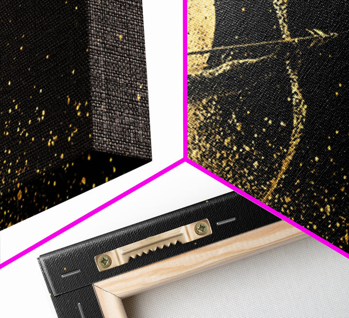 Gold Canvas Print Of Artemis Greek Goddess Archer, Full Moon Silhouette, Gold Splatter Effect, Panoramic Elegant Wall Art