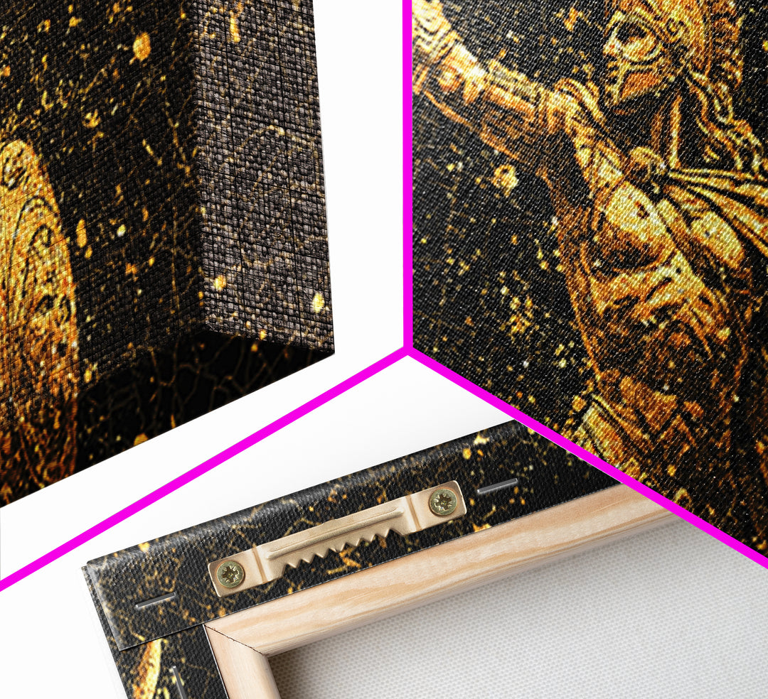 Gold Canvas Art Of Athena Greek Goddess Warrior, Ancient Greek Armor And Spear, Gold Splatter Mosaic, Panoramic Battle Wall Print