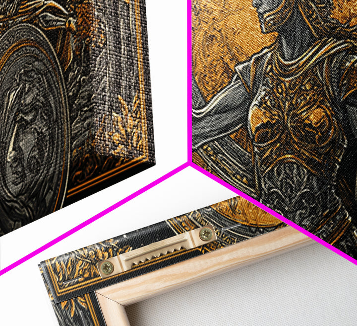 Gold Canvas Print Of Athena Greek Goddess Warrior, Ornate Armor And Owl, Mythology Forest Scene, Panoramic Greek Wall Decor