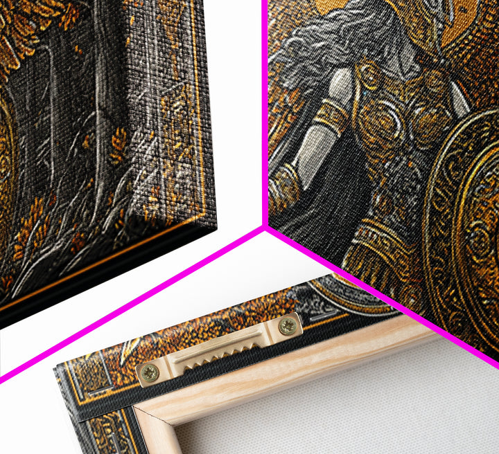Gold Canvas Art Of Athena Greek Goddess Warrior With Wings, Detailed Shield And Spear, Golden Forest Scene, Panoramic Wall Print
