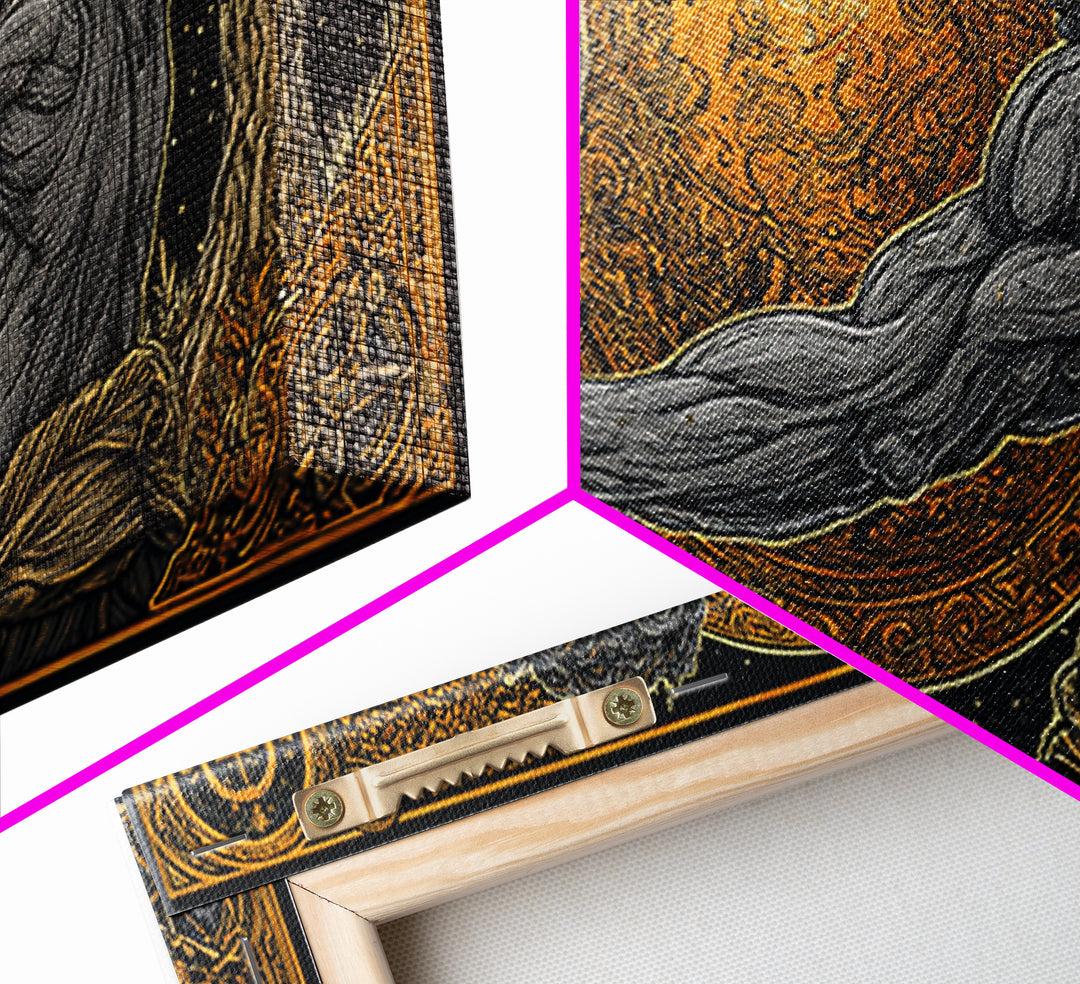 Gold Canvas Print Of Atlas Greek Titan Holding Celestial Sphere, Mythology Cosmic Scene, Panoramic Detailed Greek Wall Art