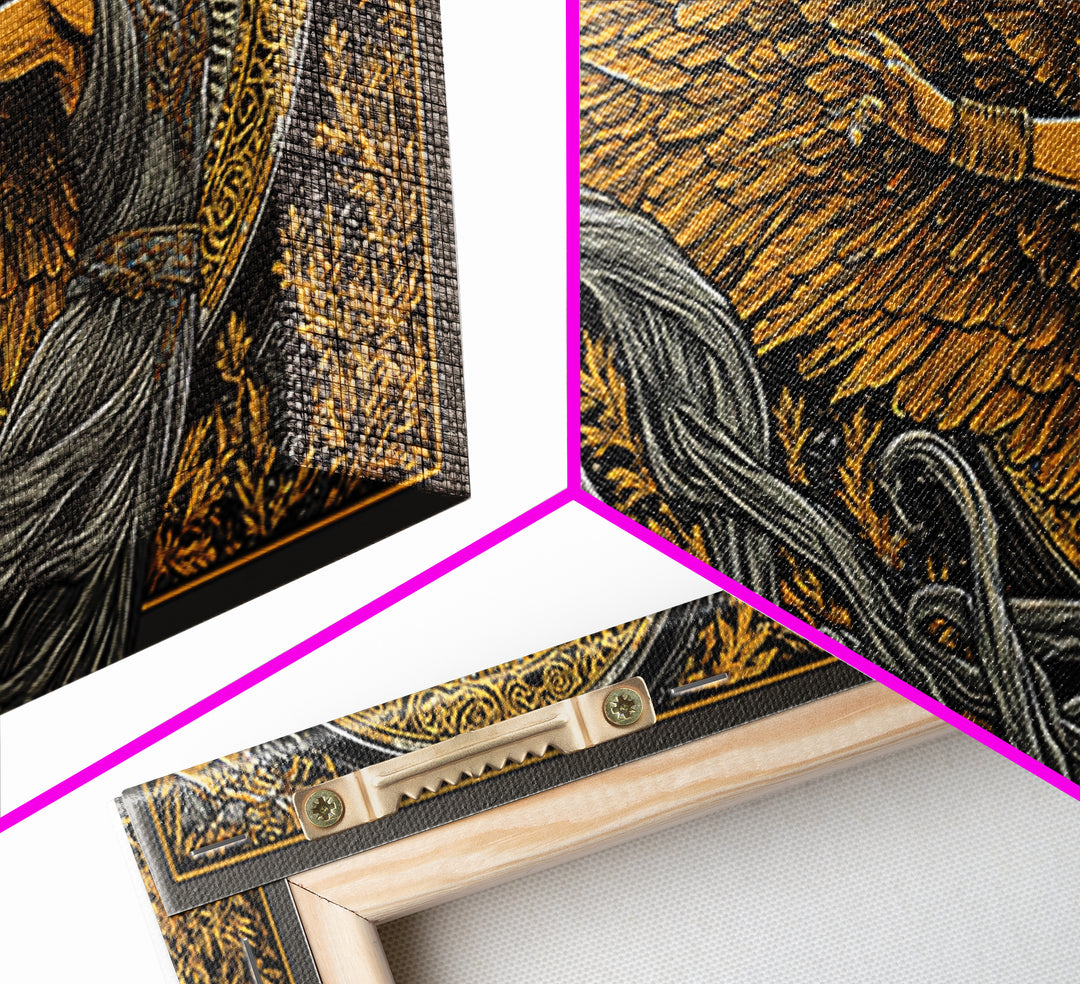 Nike Gold Canvas Print, Greek Goddess Wall Art, Luxury Mythology Decor, Real Wood Frame Artwork, Elegant Gold Winged Art