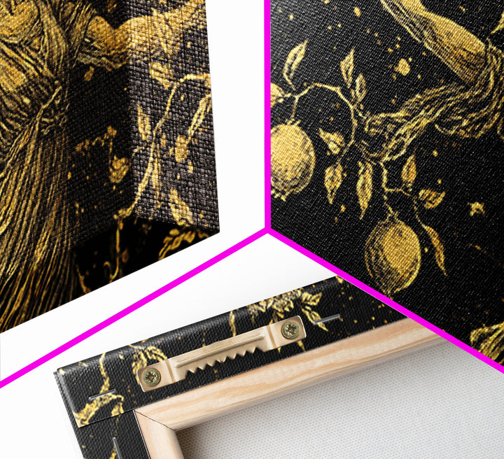 Persephone Gold Canvas Print, Greek Goddess Wall Art, Luxury Mythology Decor, Real Wood Frame Artwork, Elegant Harvest Goddess