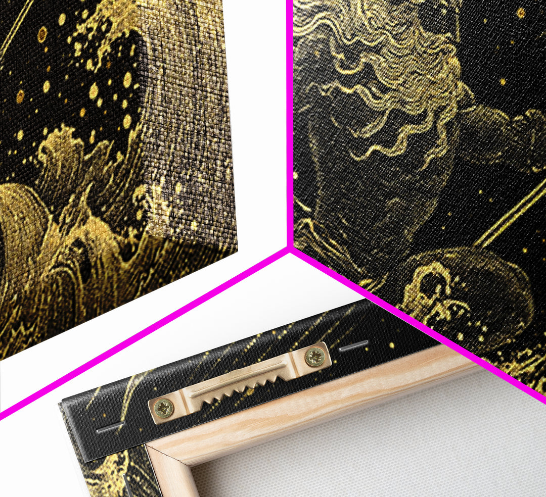 Poseidon Sea Serpent Battle Gold Canvas Print, Greek Mythology Wall Art, Real Wood Frame, Ocean Lover Gift