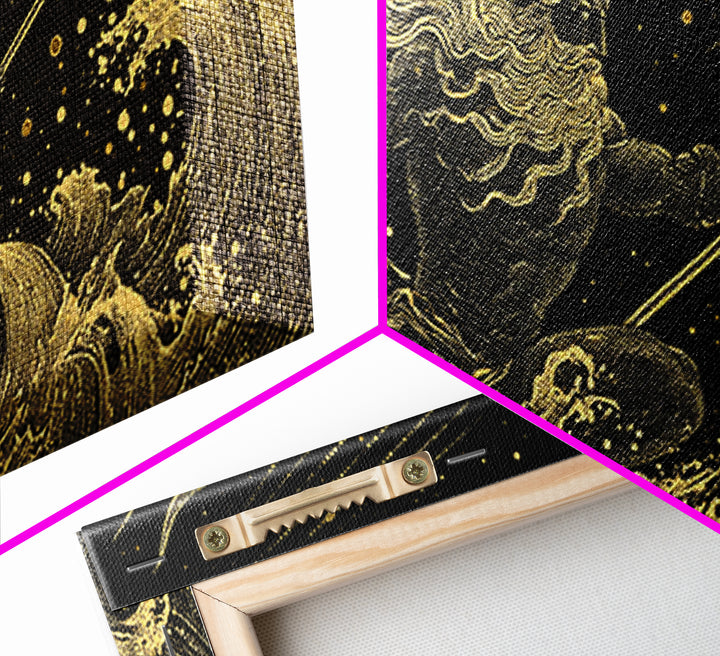 Poseidon Sea Serpent Battle Gold Canvas Print, Greek Mythology Wall Art, Real Wood Frame, Ocean Lover Gift
