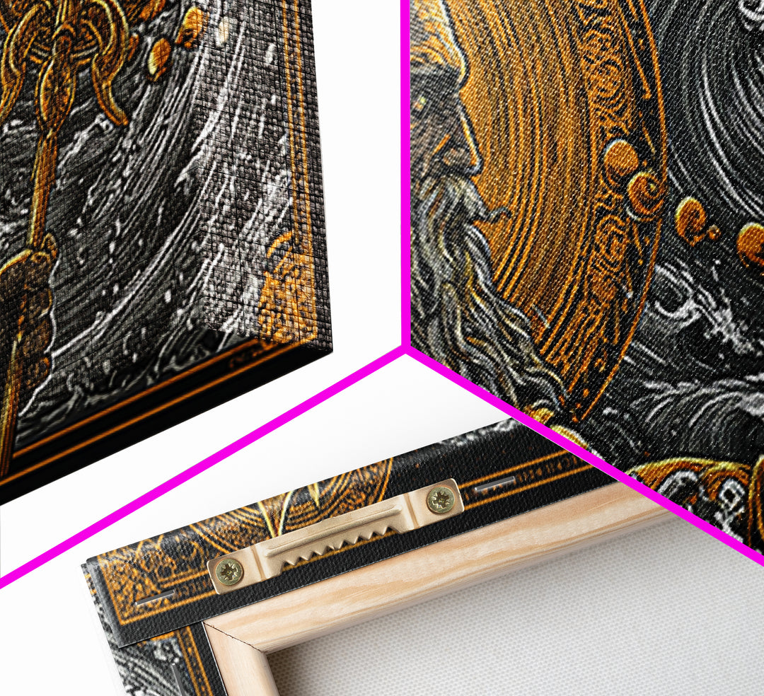 Poseidon Ocean Waves Gold Canvas Art, Greek God Canvas Print, Sea Mythology Wall Decor, Real Wood Frame, Nautical Gift