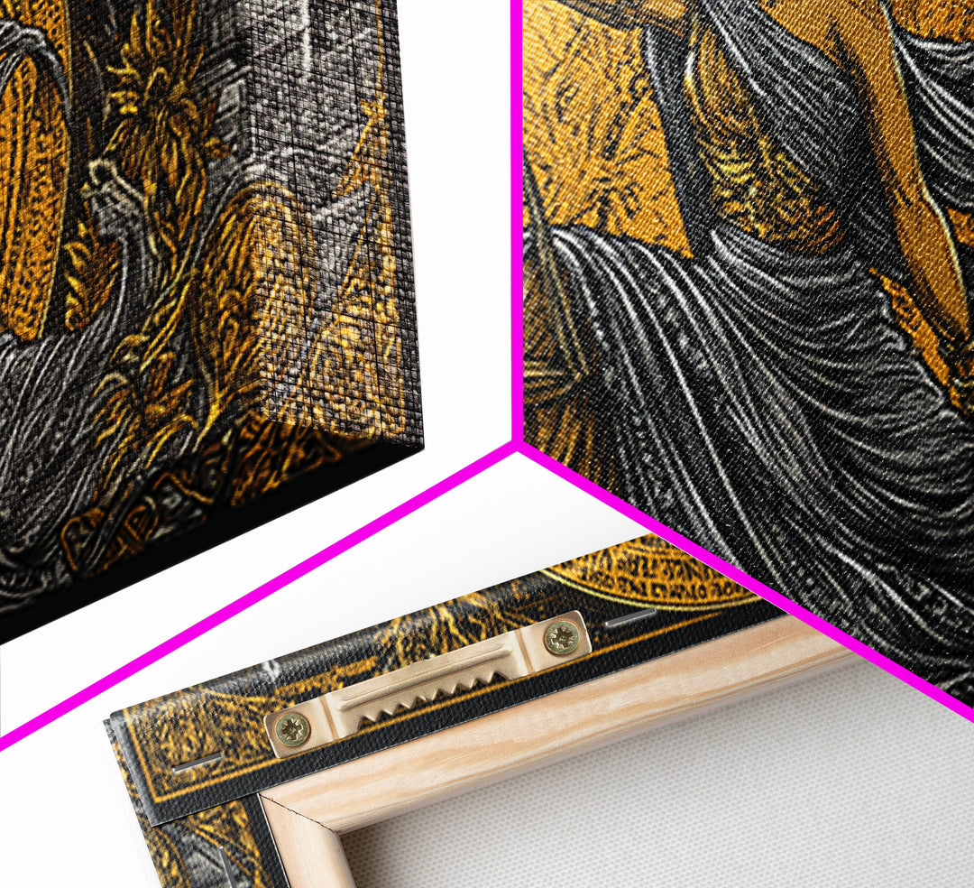 Themis Gold Canvas Print, Real Wood Framed Greek Justice Wall Decor, Blindfolded Lady With Scales Canvas Wall Artwork
