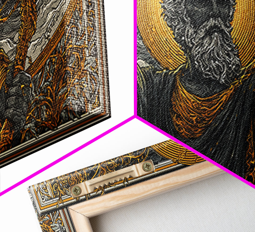 Zeus Gold Canvas Print, Real Wood Framed Greek God Of Thunder Wall Art, Lightning Bolt Mythology Decorative Canvas Artwork