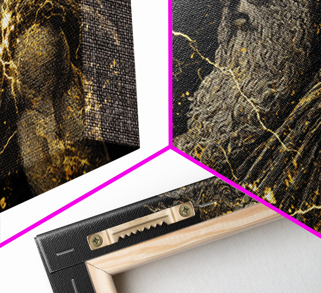 Zeus Gold Canvas Print, Real Wood Framed Greek Mythology Wall Art, Crowned Figure With Flowing Hair Decorative Artwork
