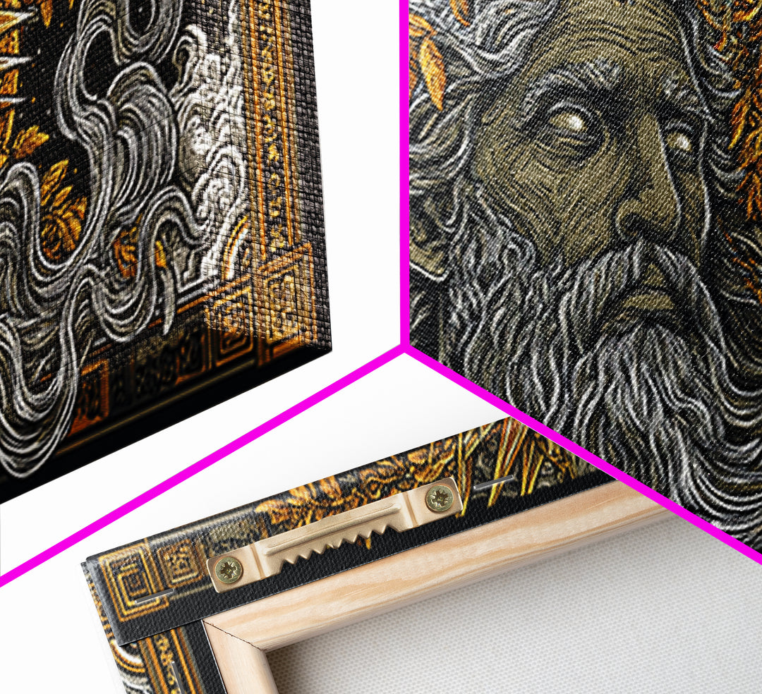 Zeus Gold Canvas Print, Real Wood Framed Greek Mythology Wall Decor, Bearded Figure With Lightning Bolt Canvas Artwork