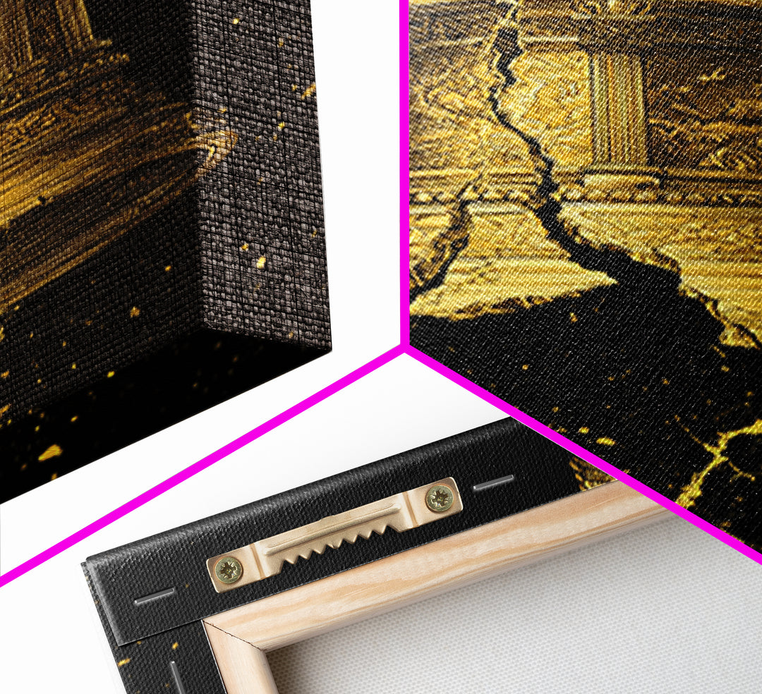 Golden Cracked Bell – Canvas Gold Canvas Print – Ancient Greek Inspired Wall Art with Real Wood Frame for Classical Decor
