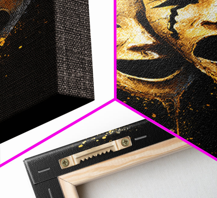 Melting Comedy and Tragedy Masks Canvas Gold Canvas Print – Emotional Theater Wall Art with Real Wood Frame