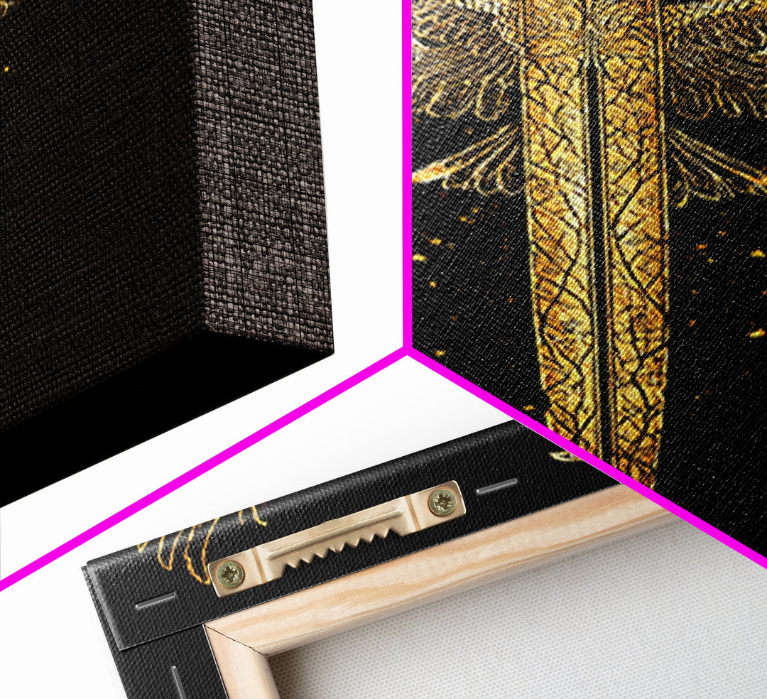 Winged Sword Canvas Gold Canvas Print – Mythical Fantasy Weapon Wall Art with Real Wood Frame for Home Decor