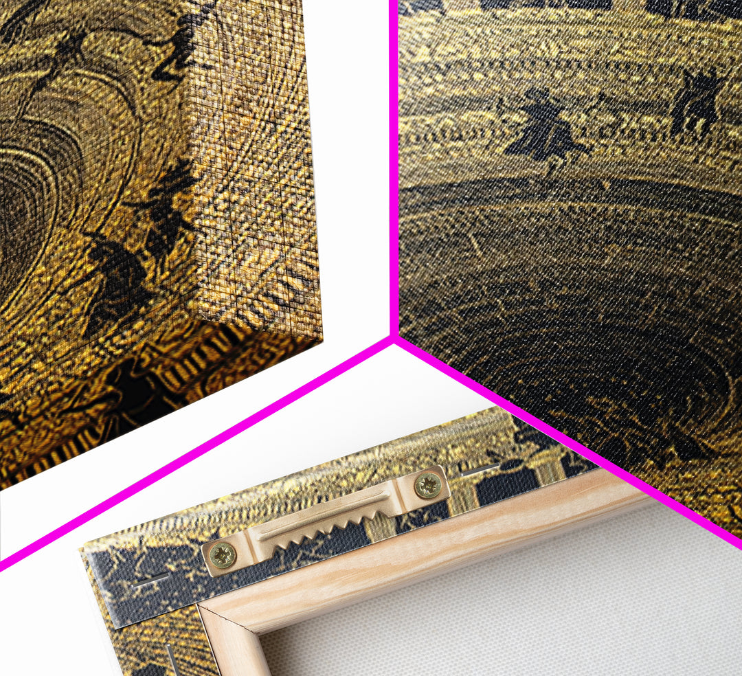 Mythic Underworld Descent Canvas Gold Art – Spiraling Figures in Ancient Pit Design, Real Wood Frame Fantasy Wall Décor