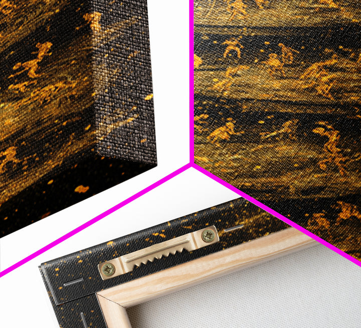 Celestial Battle Layers Canvas Gold Canvas Print – Mythological Figures Across Cosmic Rings, Real Wood Frame Fantasy Art