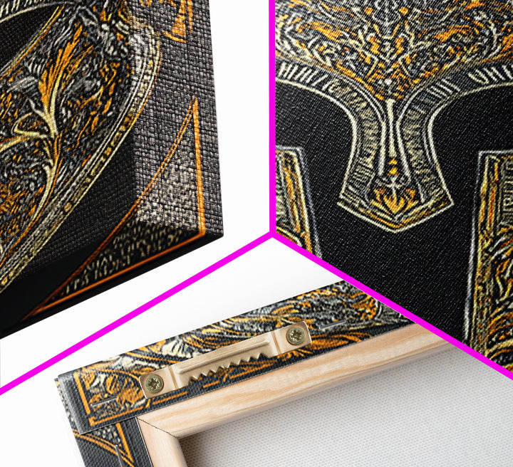 Mythic Greco-Roman Helmet with Ivy and Scrollwork – Canvas Gold Art, Framed Canvas Art with Real Wood, Ancient Battle Decor