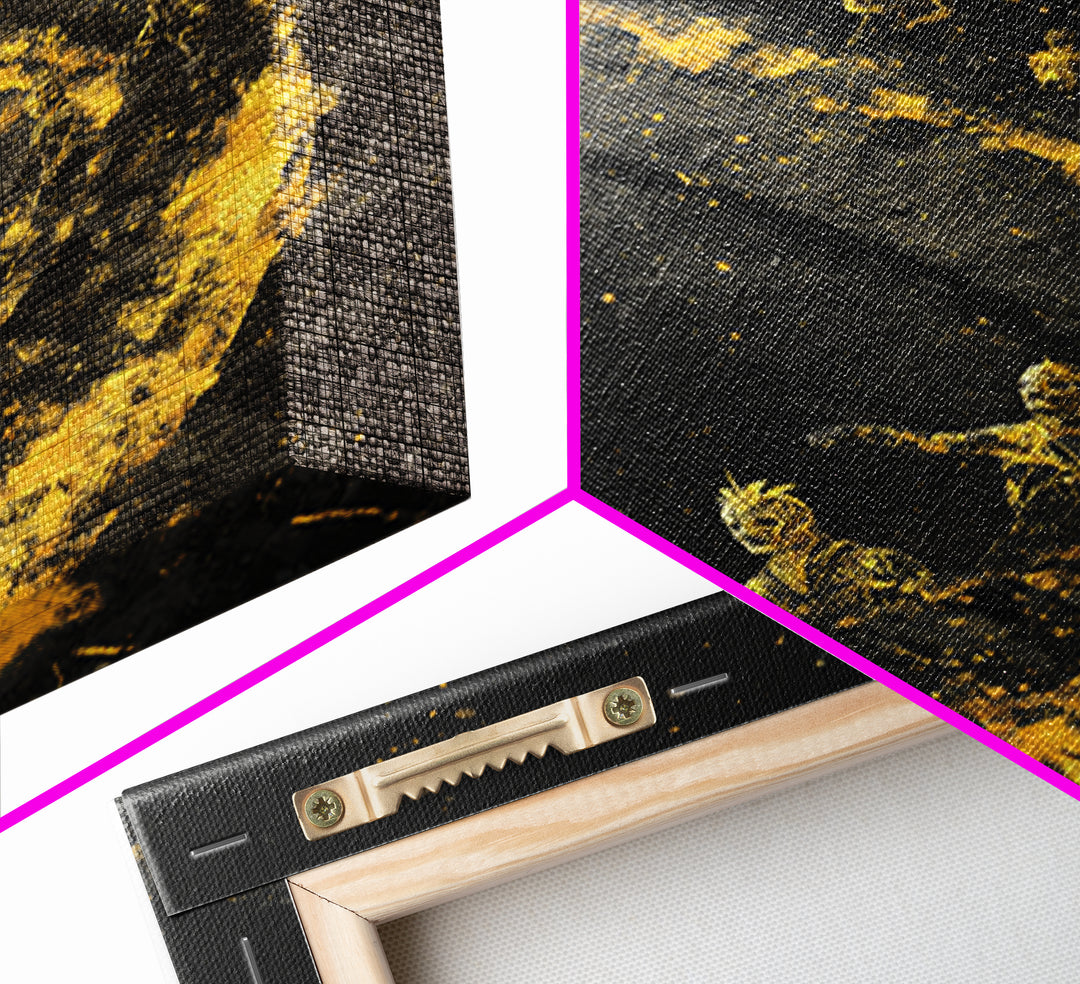 Warriors on Golden Path Canvas Gold Art – Surreal Spiral Battle Scene, Real Wood Frame Mythology Inspired Wall Décor