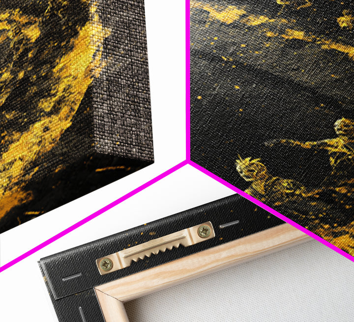 Warriors on Golden Path Canvas Gold Art – Surreal Spiral Battle Scene, Real Wood Frame Mythology Inspired Wall Décor