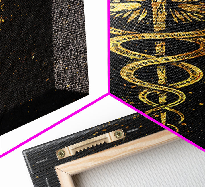 Caduceus Symbol Wall Art, Serpent And Wings Medical Symbol Artwork, Canvas Gold Canvas Print, Real Wood Frame Decor