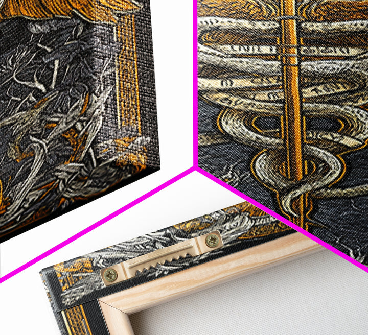 Ornate Medical Symbol Artwork, Caduceus Wall Decor With Wings And Serpents, Canvas Gold Canvas Print, Real Wood Frame