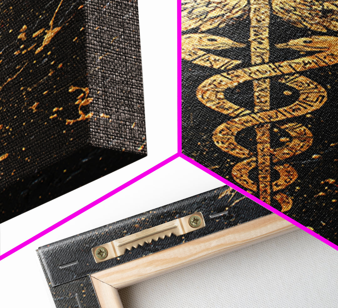 Ancient Caduceus Symbol Art, Golden Serpent And Staff Artwork, Canvas Gold Canvas Print, Real Wood Frame Wall Decor