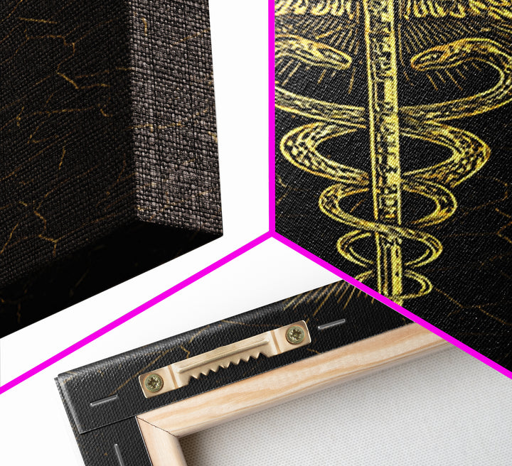 Radiant Caduceus Symbol Wall Art, Serpent And Winged Staff Artwork, Canvas Gold Canvas Print, Real Wood Frame Decor