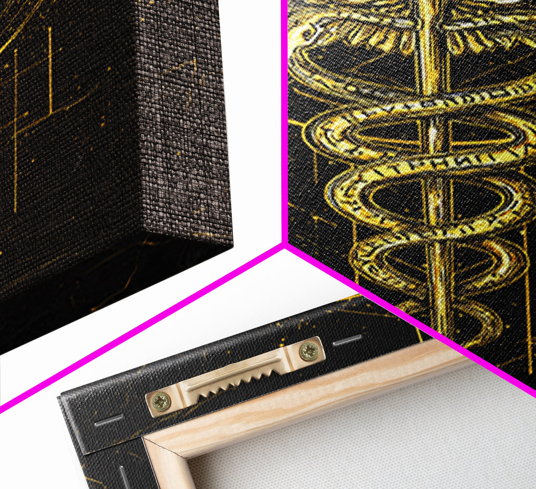 Geometric Caduceus Symbol Artwork, Sacred Serpent And Staff Wall Art, Canvas Gold Canvas Print, Real Wood Frame Decor