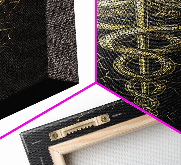 Caduceus Medical Symbol Wall Art, Serpent And Wings Ancient Staff Artwork, Canvas Gold Canvas Print, Real Wood Frame