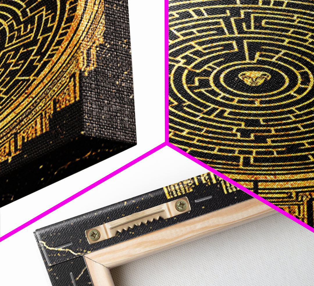Labyrinth Maze Artwork, Mythical Minotaur Symbol Wall Art, Canvas Gold Canvas Print, Real Wood Frame, Ancient Greek Decor