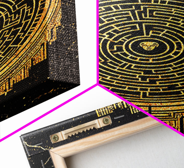 Labyrinth Maze Artwork, Mythical Minotaur Symbol Wall Art, Canvas Gold Canvas Print, Real Wood Frame, Ancient Greek Decor