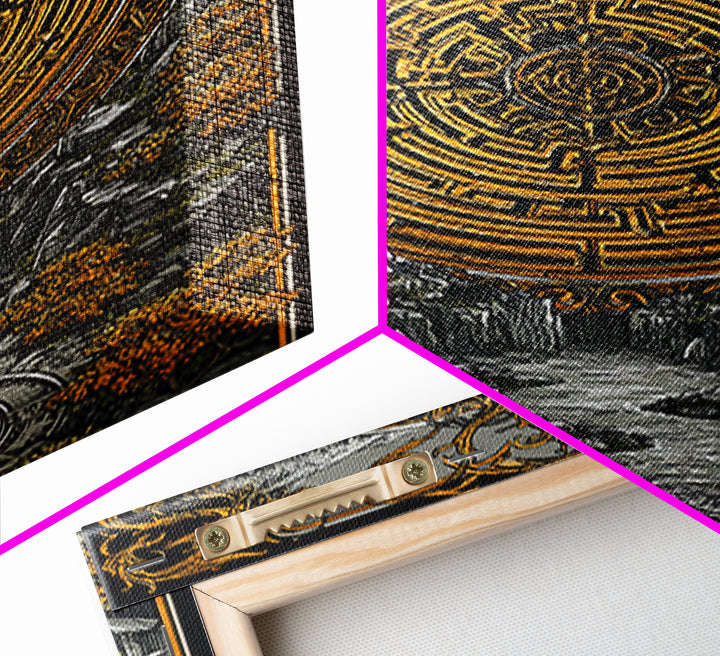 Ancient Maze Artwork, Mystical Labyrinth Symbol Wall Art, Canvas Gold Canvas Print, Real Wood Frame, Mythology Inspired Decor