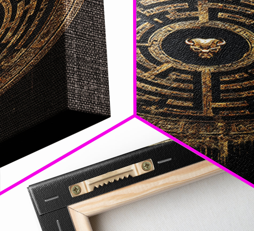 Greek Labyrinth Artwork, Mythical Minotaur Maze Symbol Wall Art, Canvas Gold Canvas Print, Real Wood Frame, Esoteric Decor