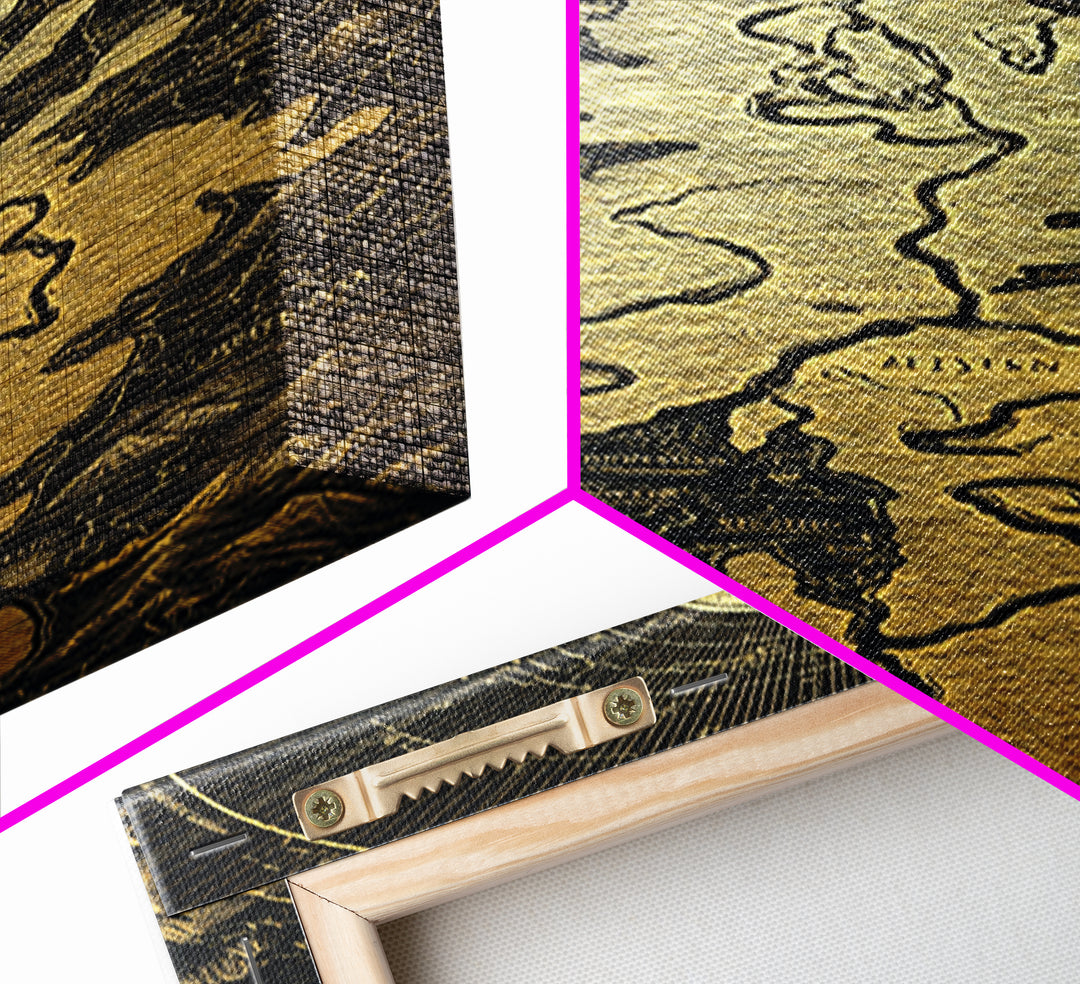 Celestial Map Artwork, Mythical Golden Sun And River Wall Art, Canvas Gold Canvas Print, Real Wood Frame, Ancient Inspired Decor
